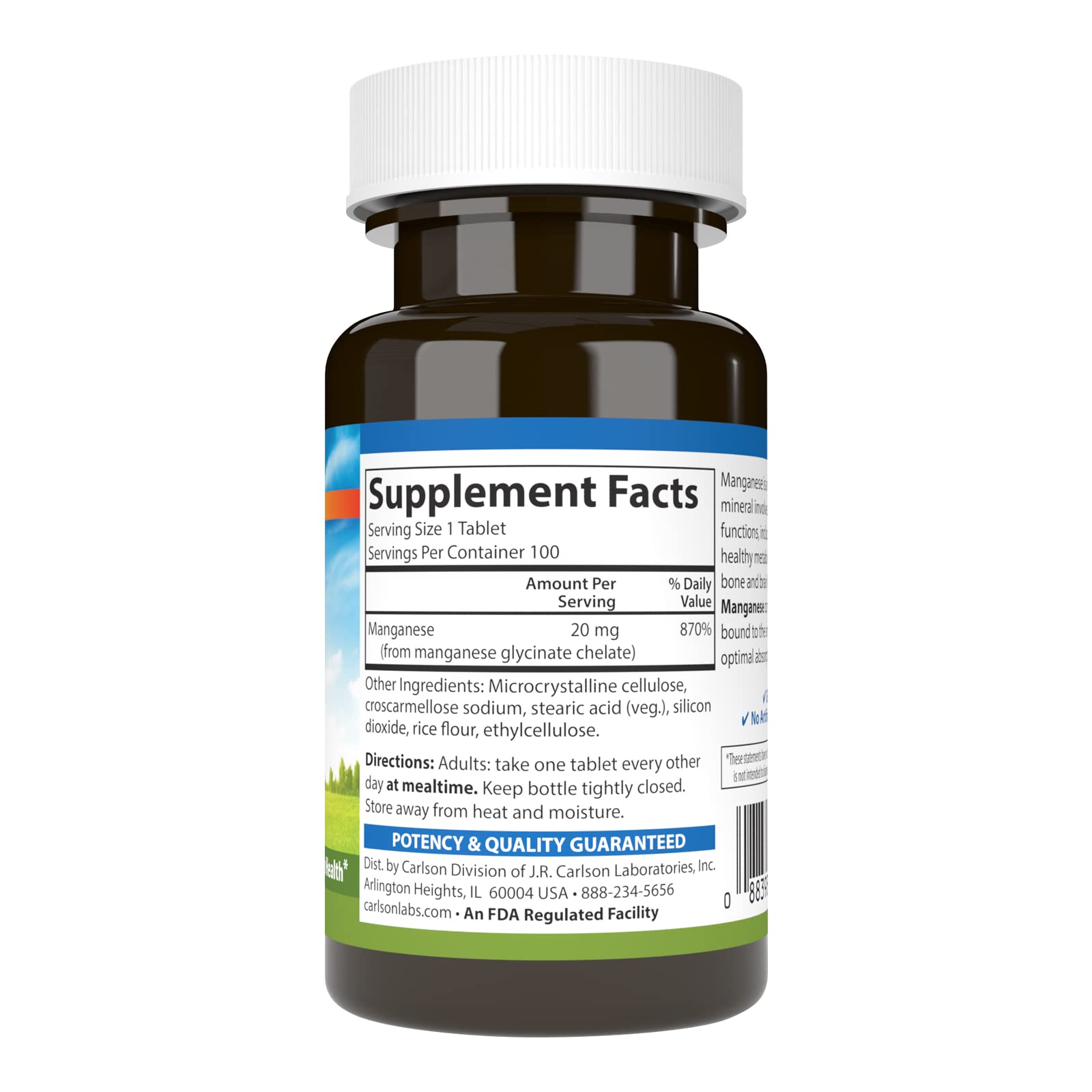 Close-up of Carlson manganese label highlighting 20 mg per tablet for readers.