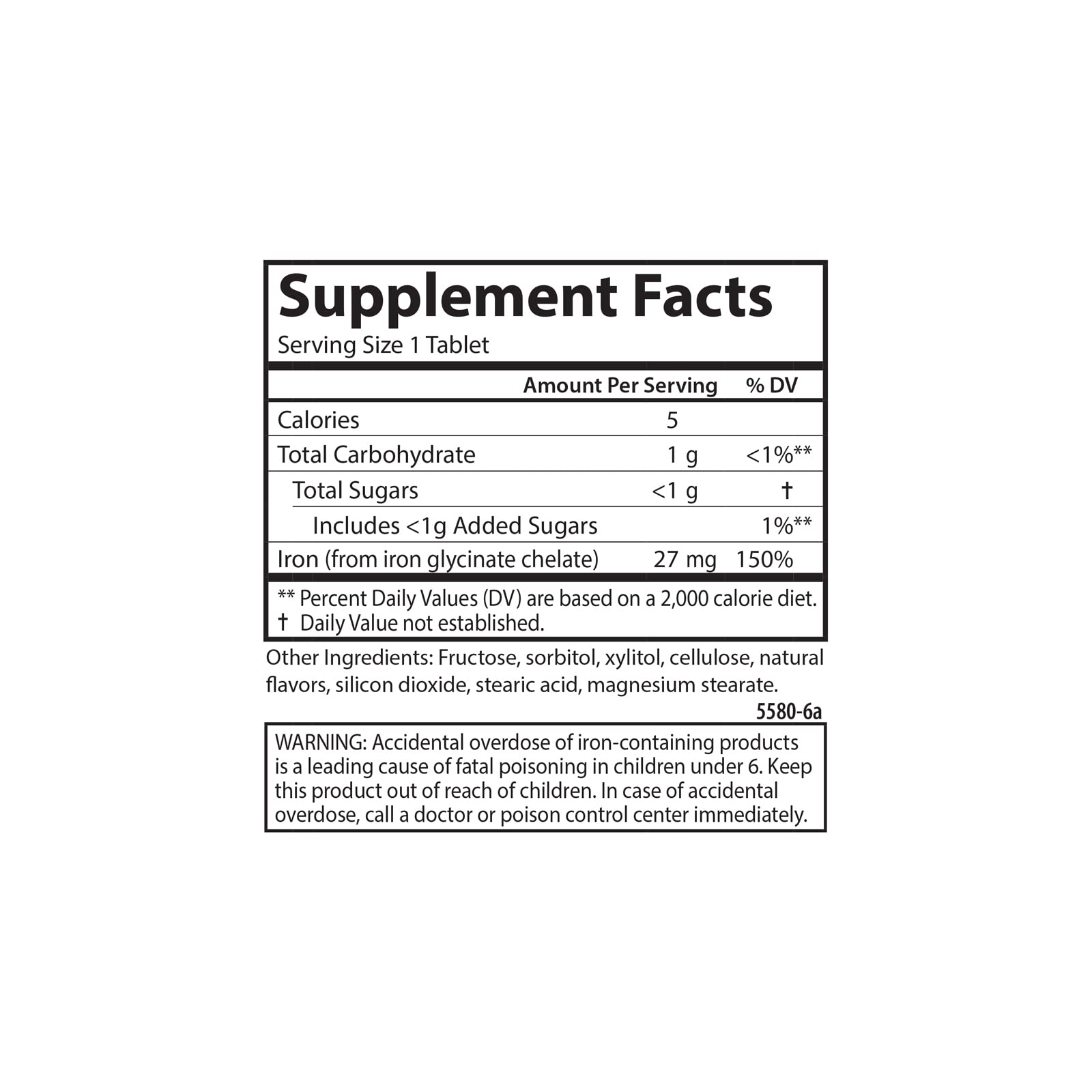 Carlson iron tablets nutrition label showing potency and iron content.