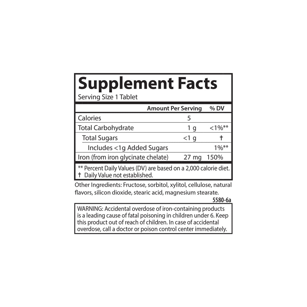 Carlson iron tablets nutrition label showing potency and iron content.