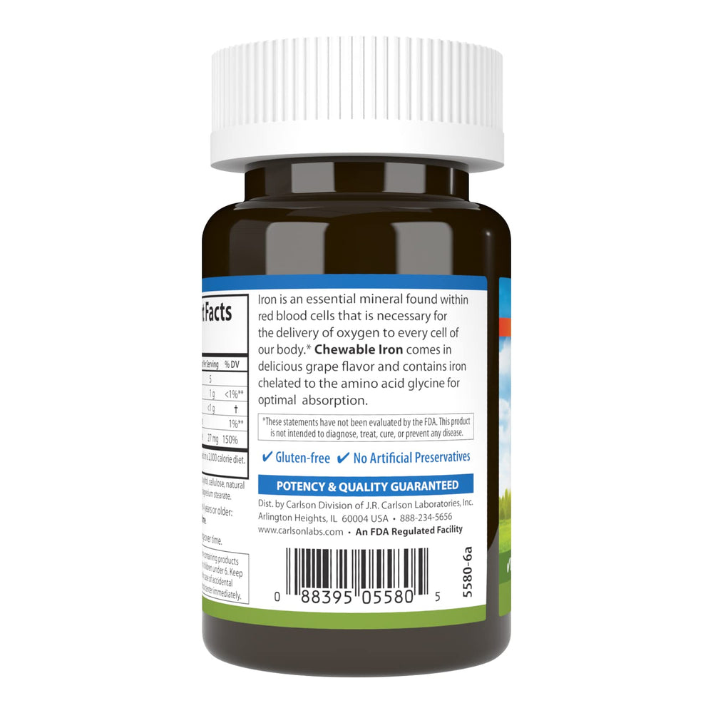 Carlson chewable iron bottle with 27 mg iron, emphasizing convenient daily use.