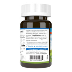 Carlson chewable iron bottle with 27 mg iron, emphasizing convenient daily use.