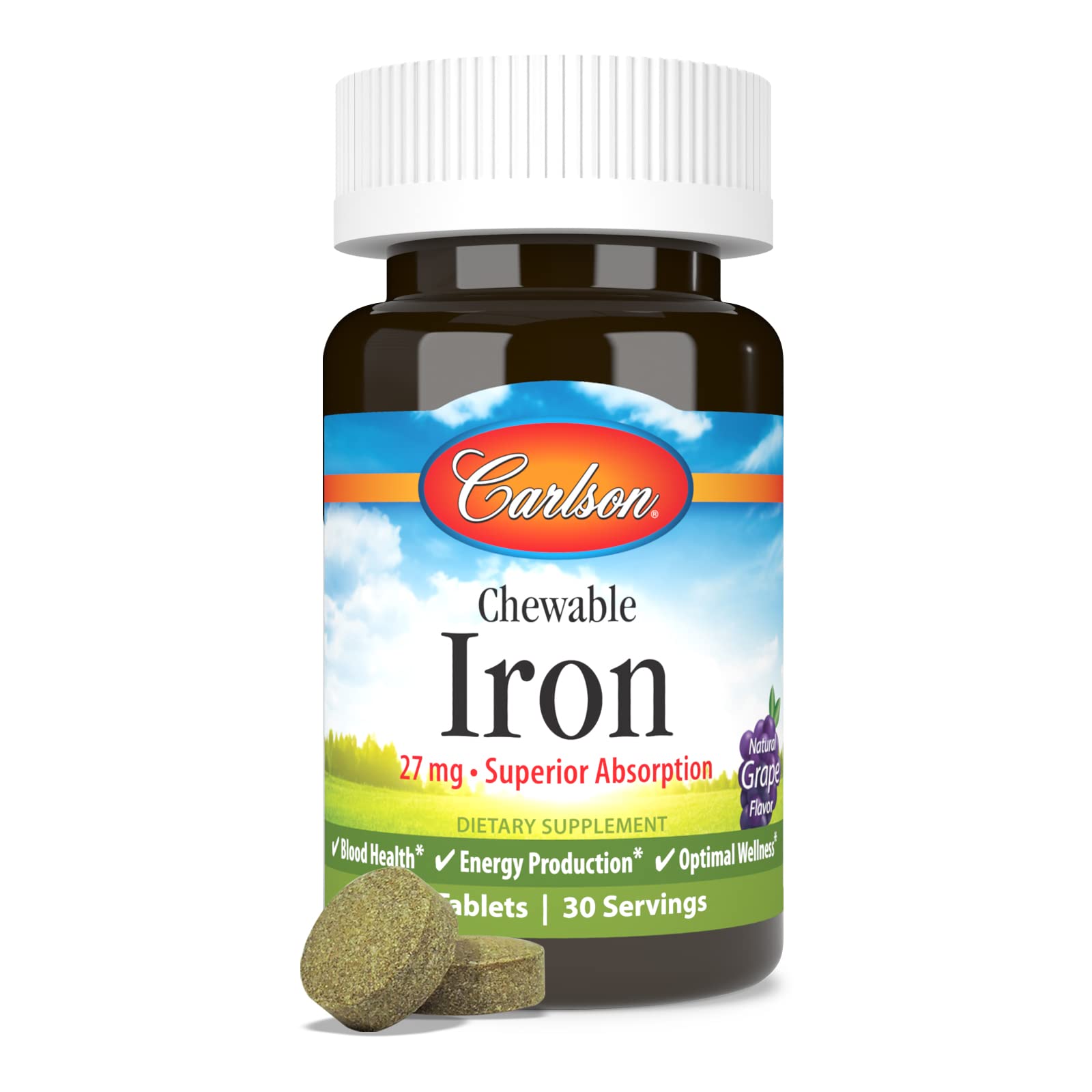 Carlson grape tablets resting on surface, convenient chewable form.