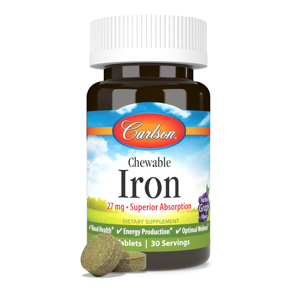 Carlson grape tablets resting on surface, convenient chewable form.