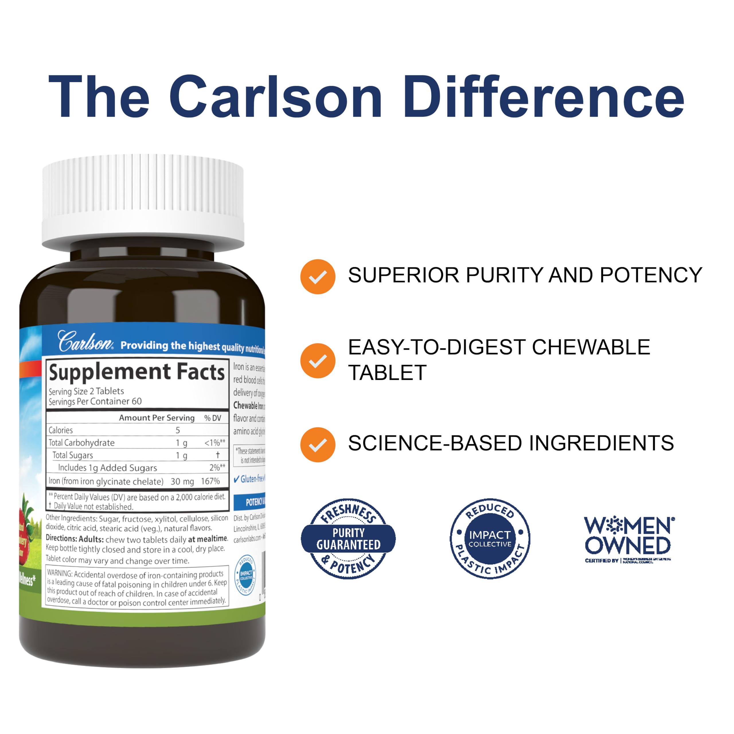 Carlson Chewable Iron 30 mg bottle front showcasing strawberry flavor and daily iron support.
