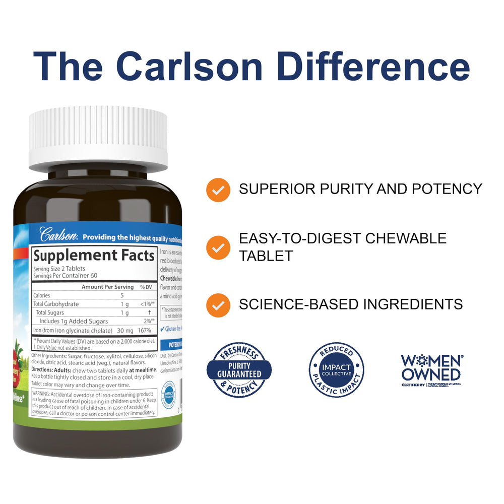 Carlson Chewable Iron 30 mg bottle front showcasing strawberry flavor and daily iron support.