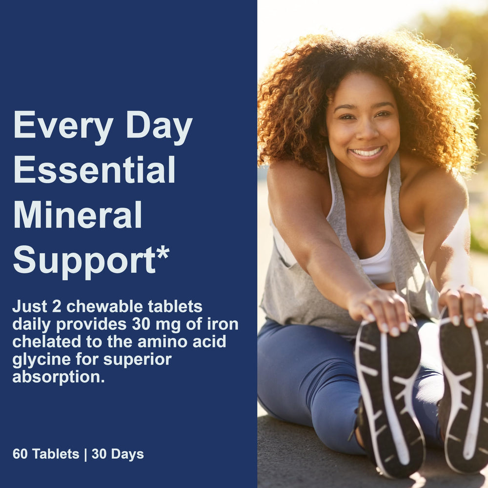 Carlson Chewable Iron 30 mg tablets close up highlighting natural strawberry flavor.