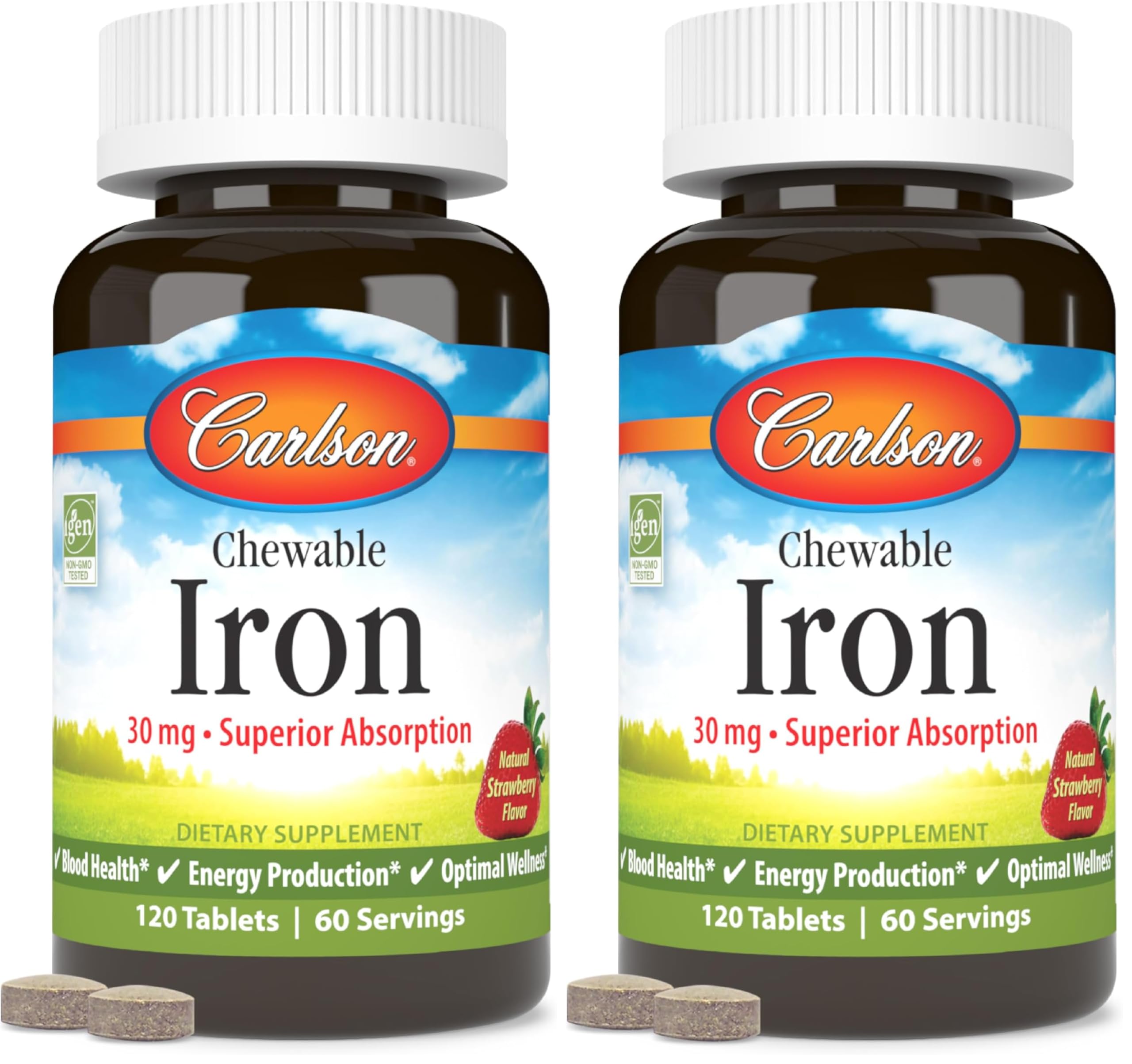 Carlson Chewable Iron 30 mg tablets in strawberry flavor for daily blood health support.