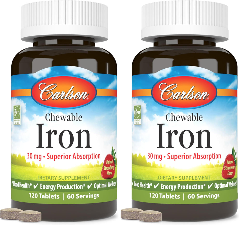 Carlson Chewable Iron 30 mg tablets in strawberry flavor for daily blood health support.