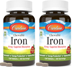 Carlson Chewable Iron 30 mg tablets in strawberry flavor for daily blood health support.