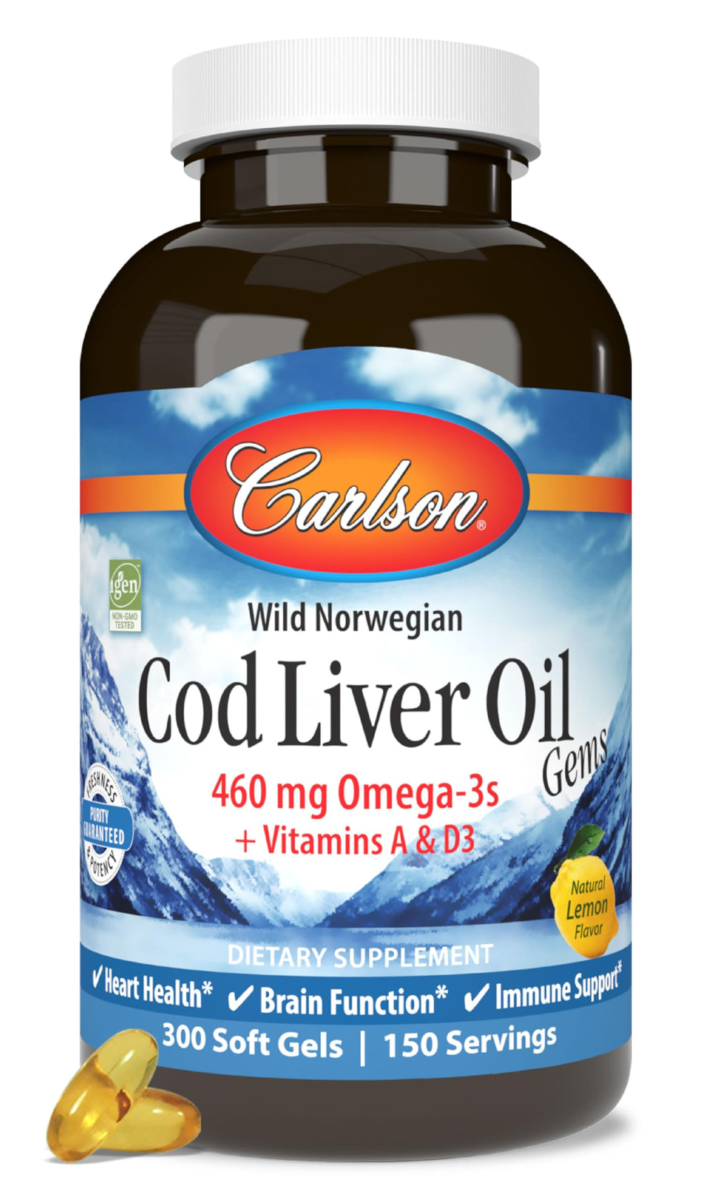 Carlson Cod Liver Oil bottle front view with lemon flavor for daily wellness