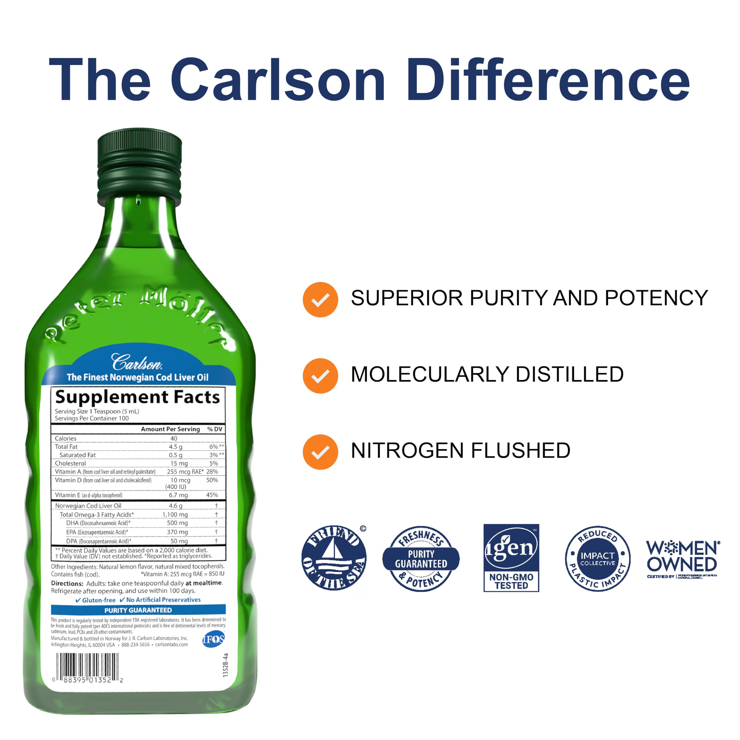 Carlson cod liver oil bottle pour blends into yogurt or smoothies.