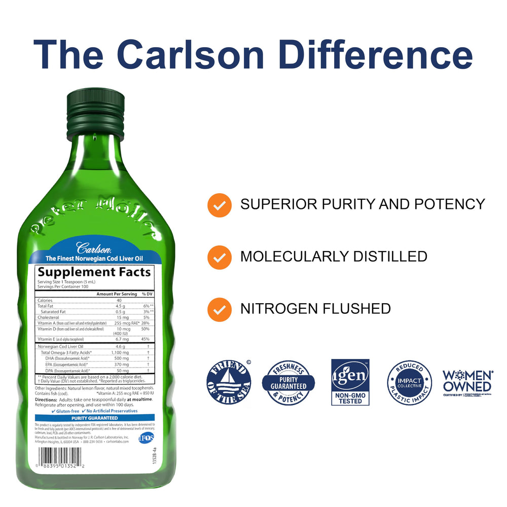 Carlson cod liver oil bottle pour blends into yogurt or smoothies.
