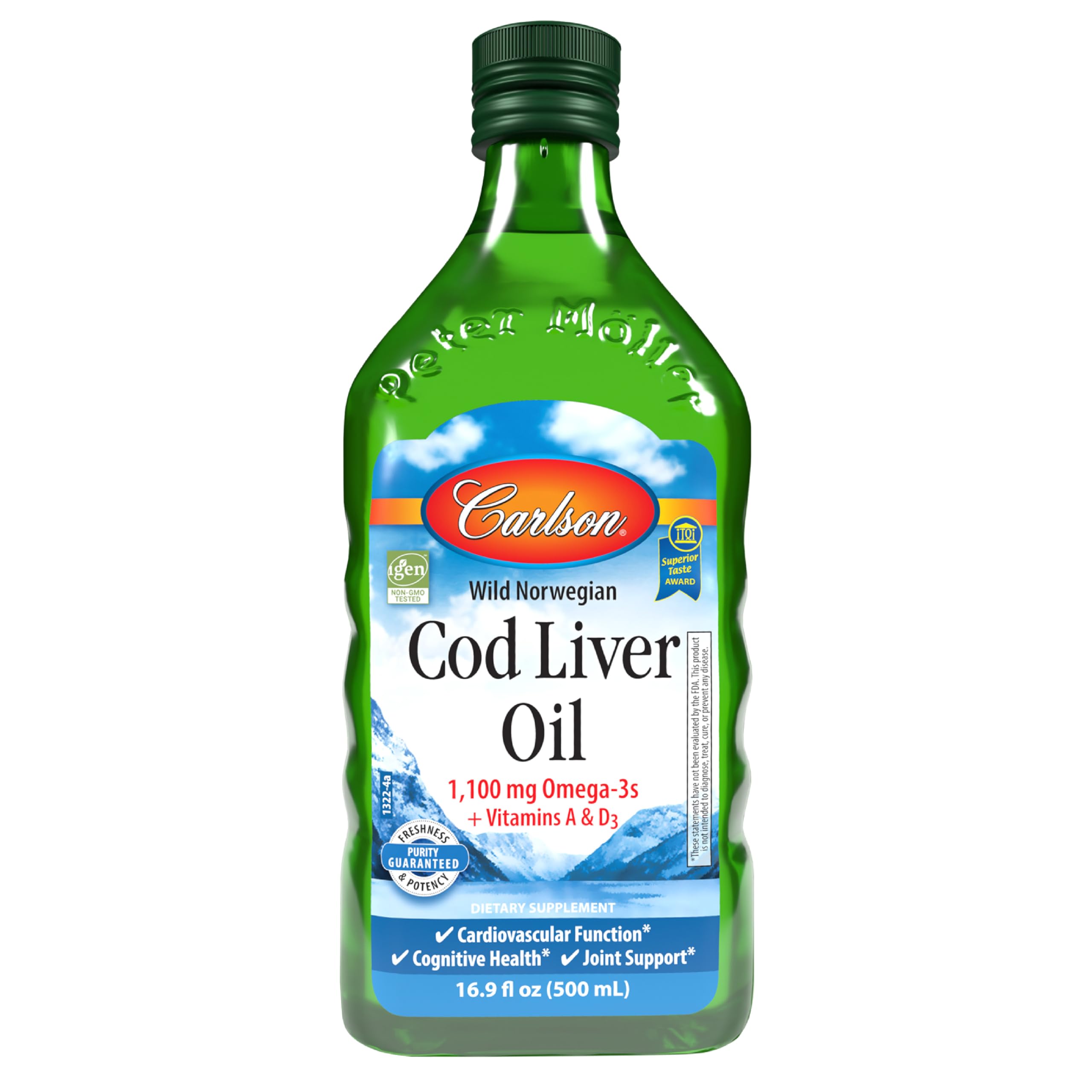 Carlson cod liver oil bottle pour for easy daily omega-3 intake.