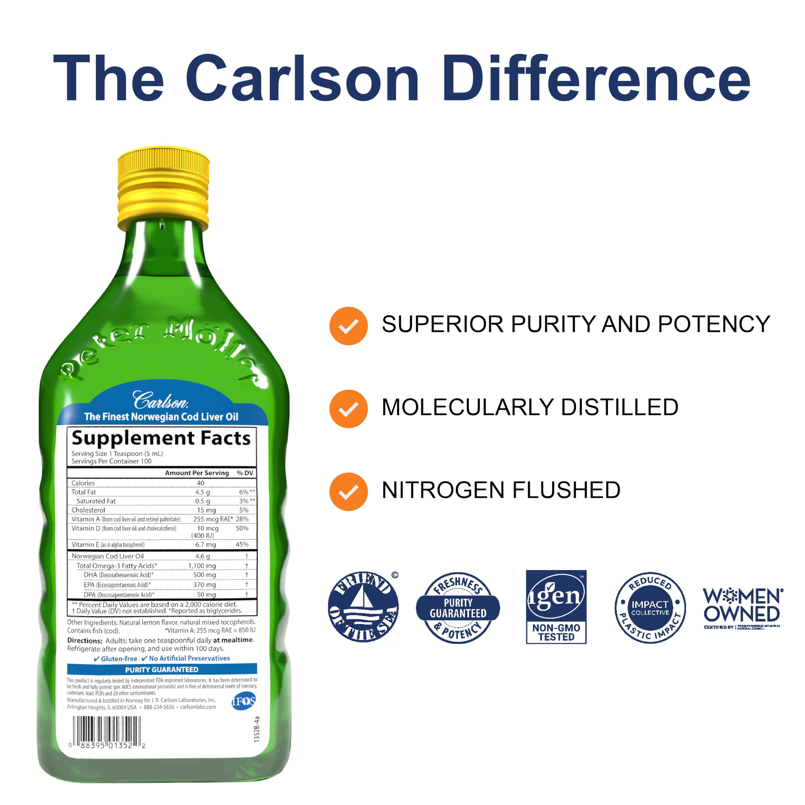 Carlson cod liver oil bottle and dropper for precise dosing.