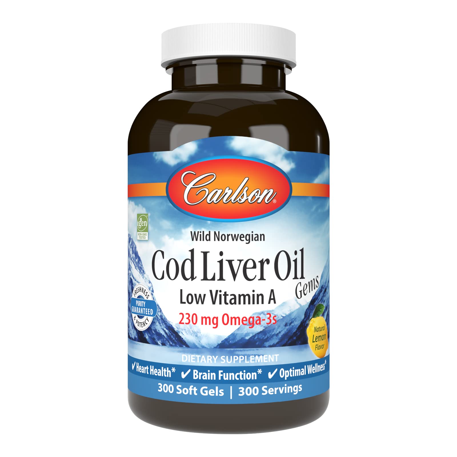 Carlson Cod Liver Oil Gems bottle on shelf highlighting daily omega-3 intake.