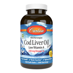 Carlson Cod Liver Oil Gems bottle on shelf highlighting daily omega-3 intake.