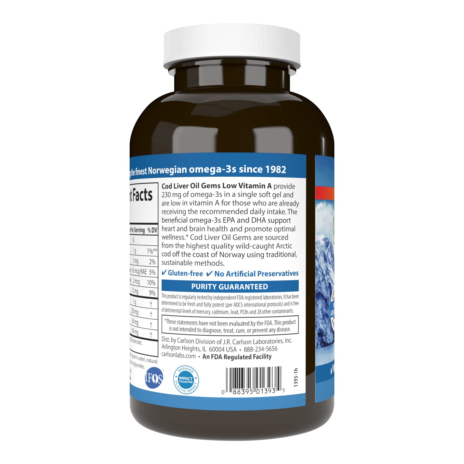 Carlson Cod Liver Oil Gems label details showcase low vitamin A and omega-3 content.