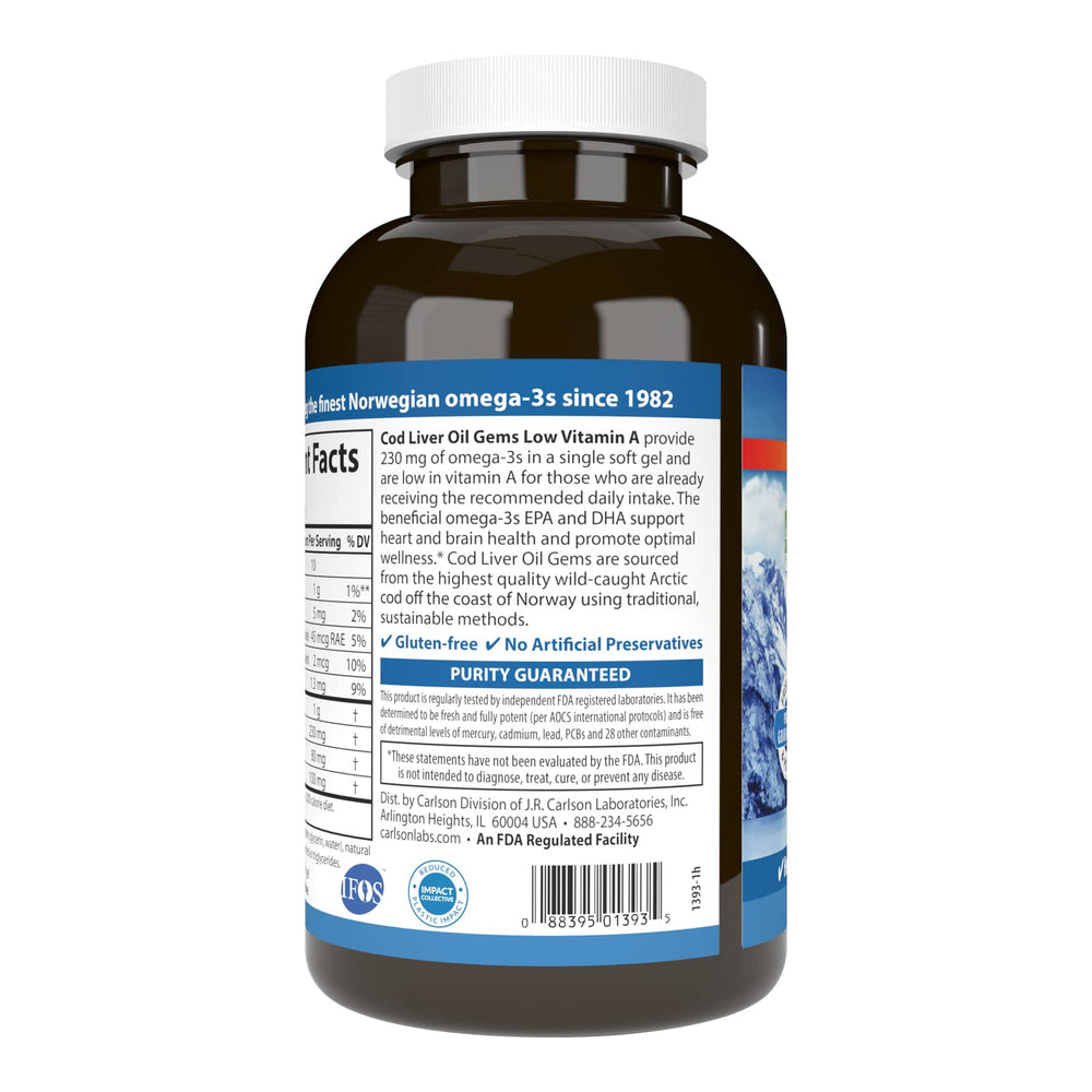 Carlson Cod Liver Oil Gems label details showcase low vitamin A and omega-3 content.