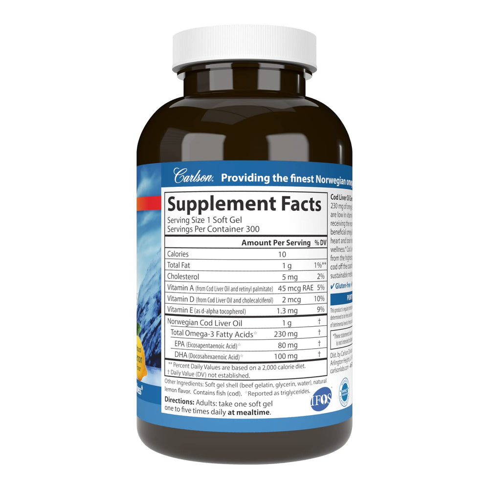 Close-up of Carlson Cod Liver Oil Gems softgels for easy daily supplementation.