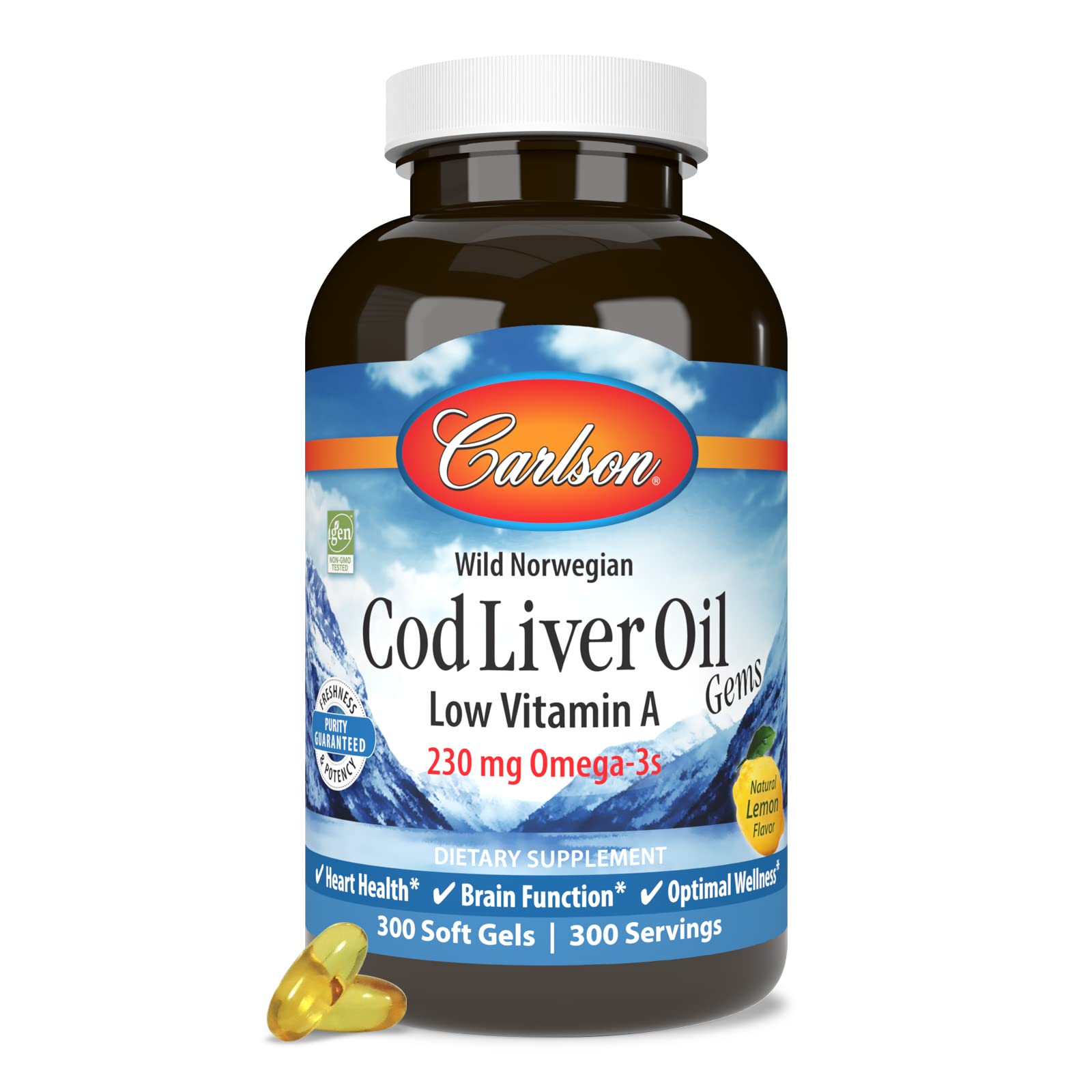 Norwegian Arctic cod origin highlighted on Carlson Cod Liver Oil Gems label.