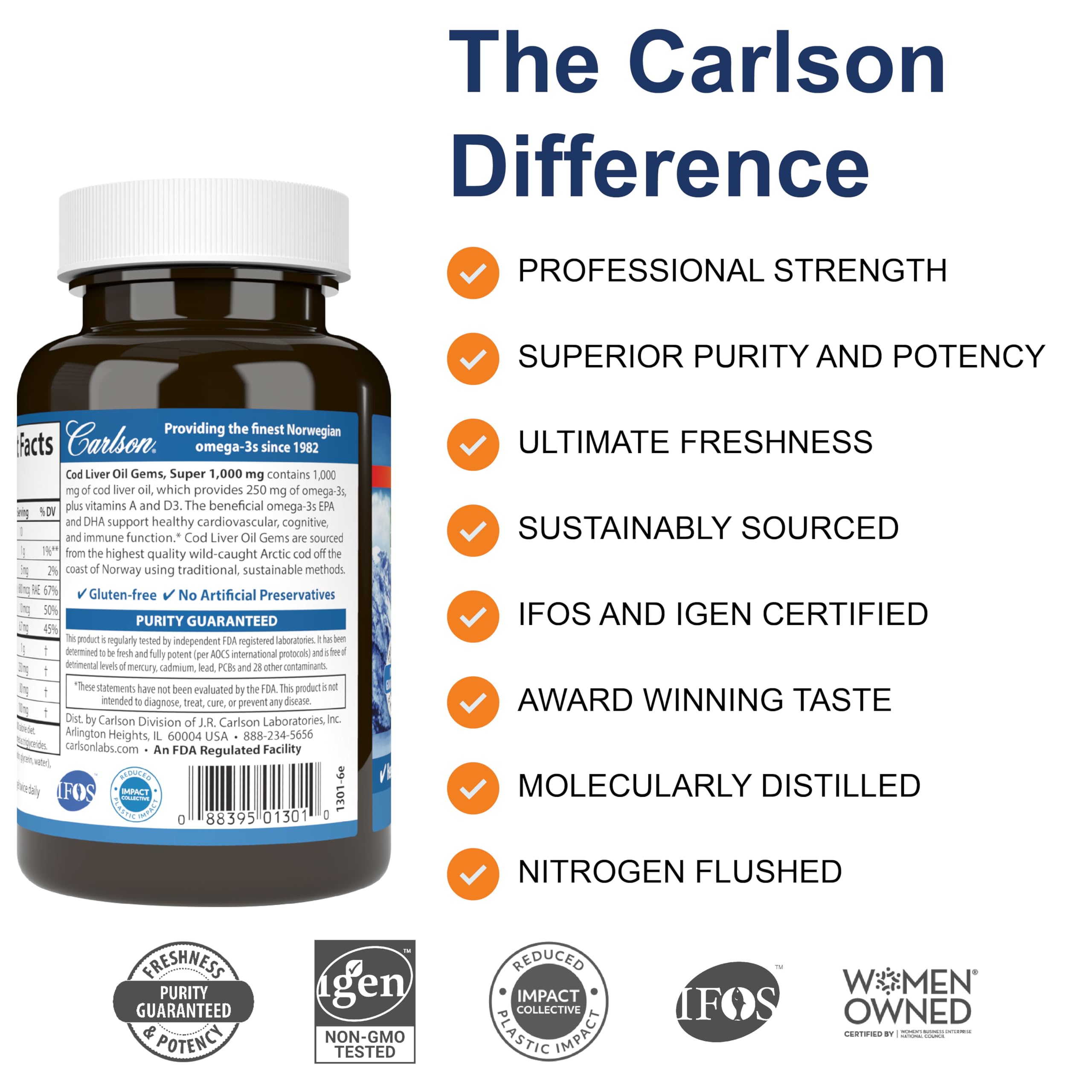 Carlson cod liver oil label close-up highlighting vitamins A and D3