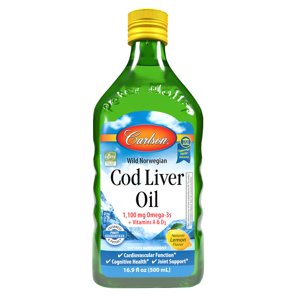Carlson cod liver oil bottle with lemon flavor for daily omega-3 intake.