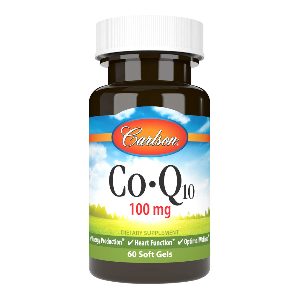 Carlson CoQ10 100 mg softgels bottle ready for daily energy support.