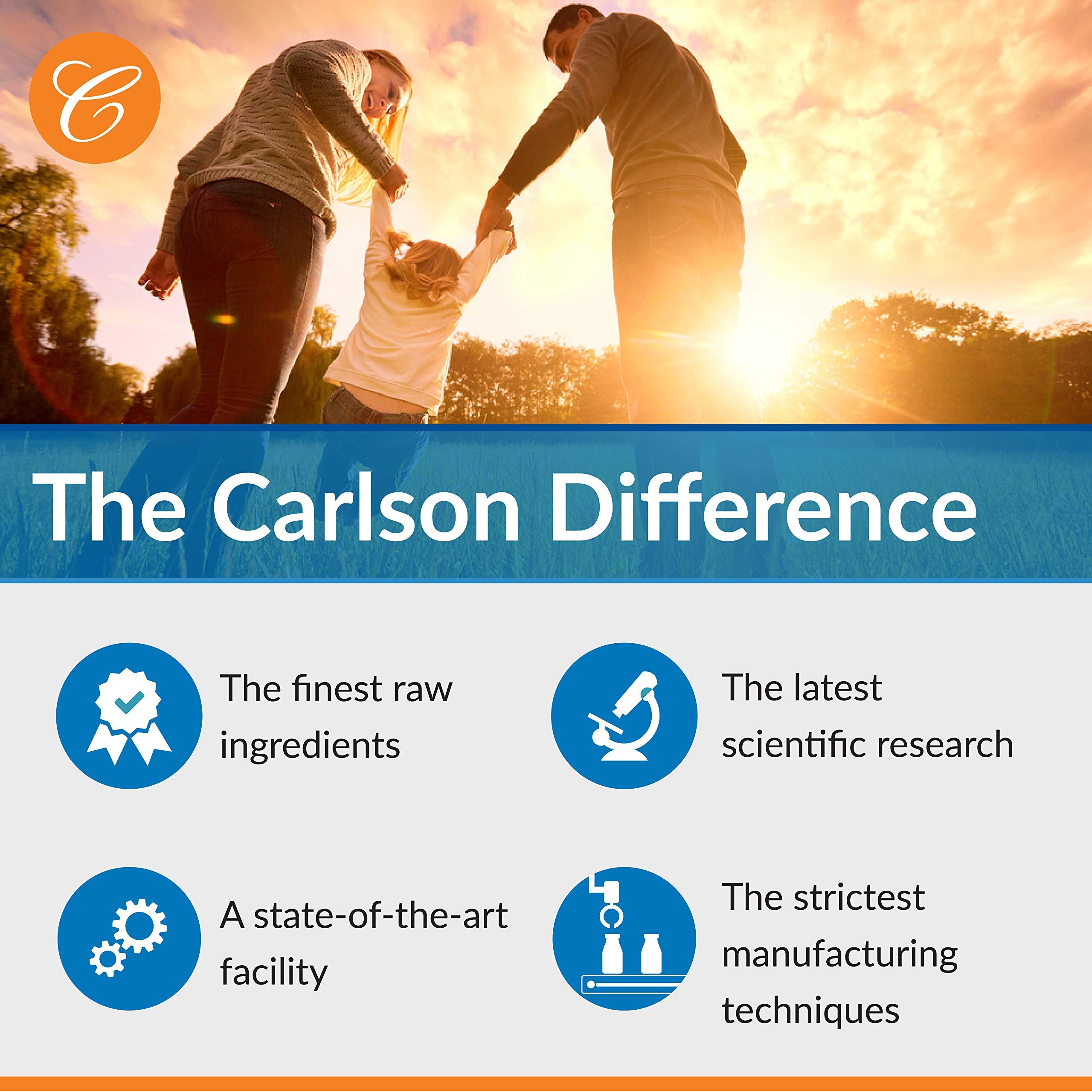 Carlson CoQ10 bottle on a table with water to aid absorption.