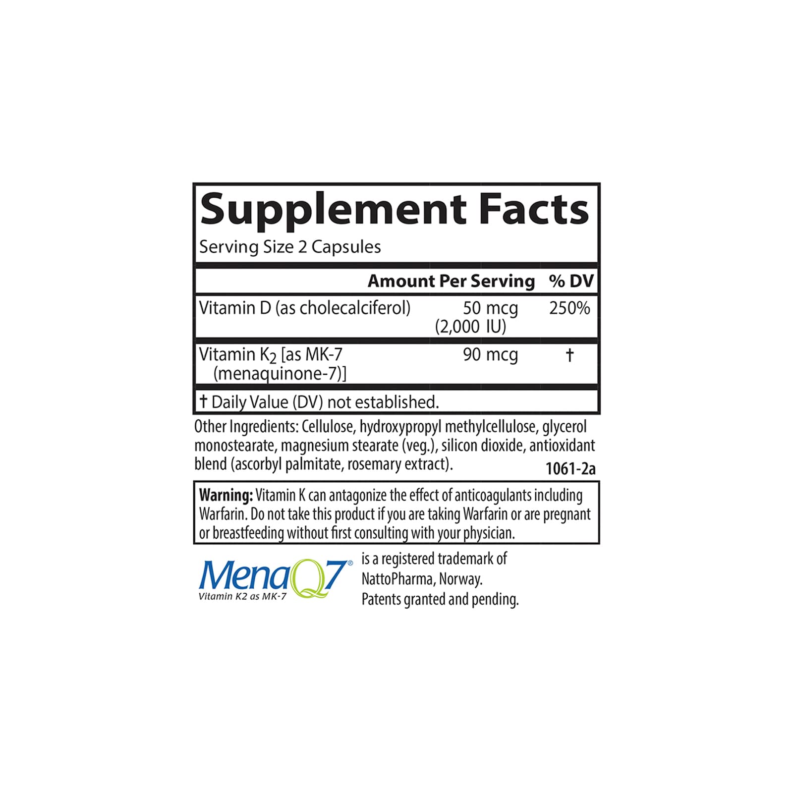 Carlson D3 + K2 bottle label view with dosage details.