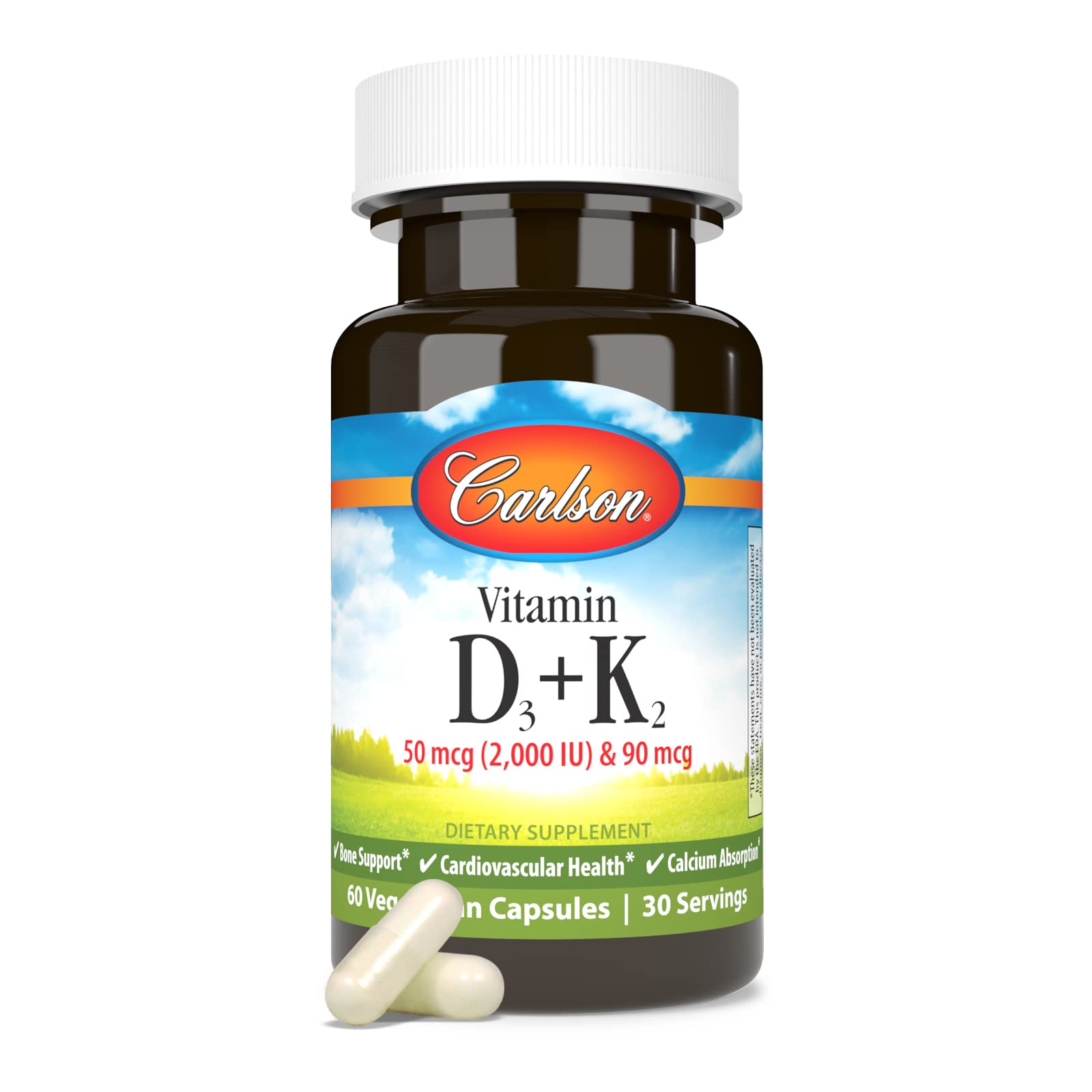 Carlson D3 + K2 bottle packaging image highlighting two-pack value.