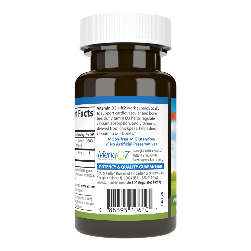 Carlson D3 + K2 capsules closeup showing smooth, easy-to-swallow capsules.
