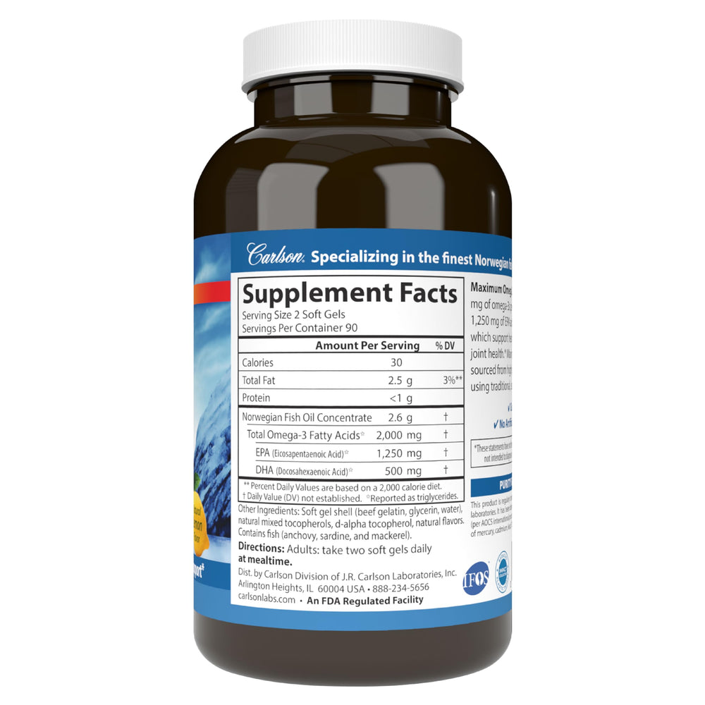 Carlson omega-3 softgels in bottle for daily wellness.