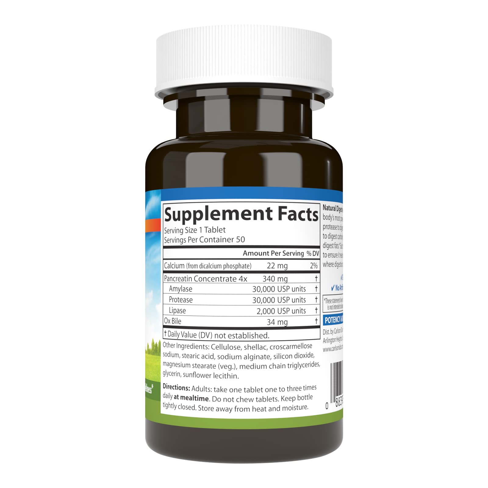 Carlson Digestive Enzymes 34 bottle back label with usage details for informed supplementation.