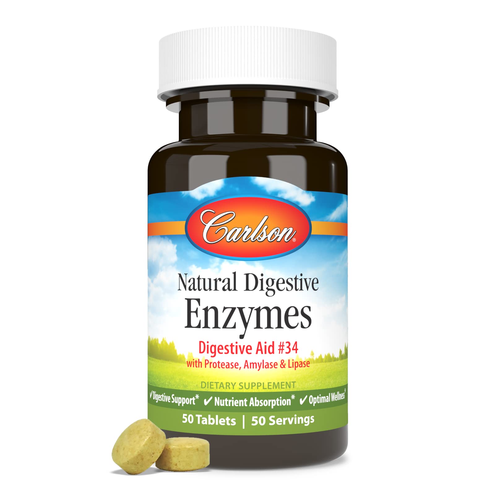 Carlson Digestive Enzymes 34 packaging box highlighting complete enzyme blend.