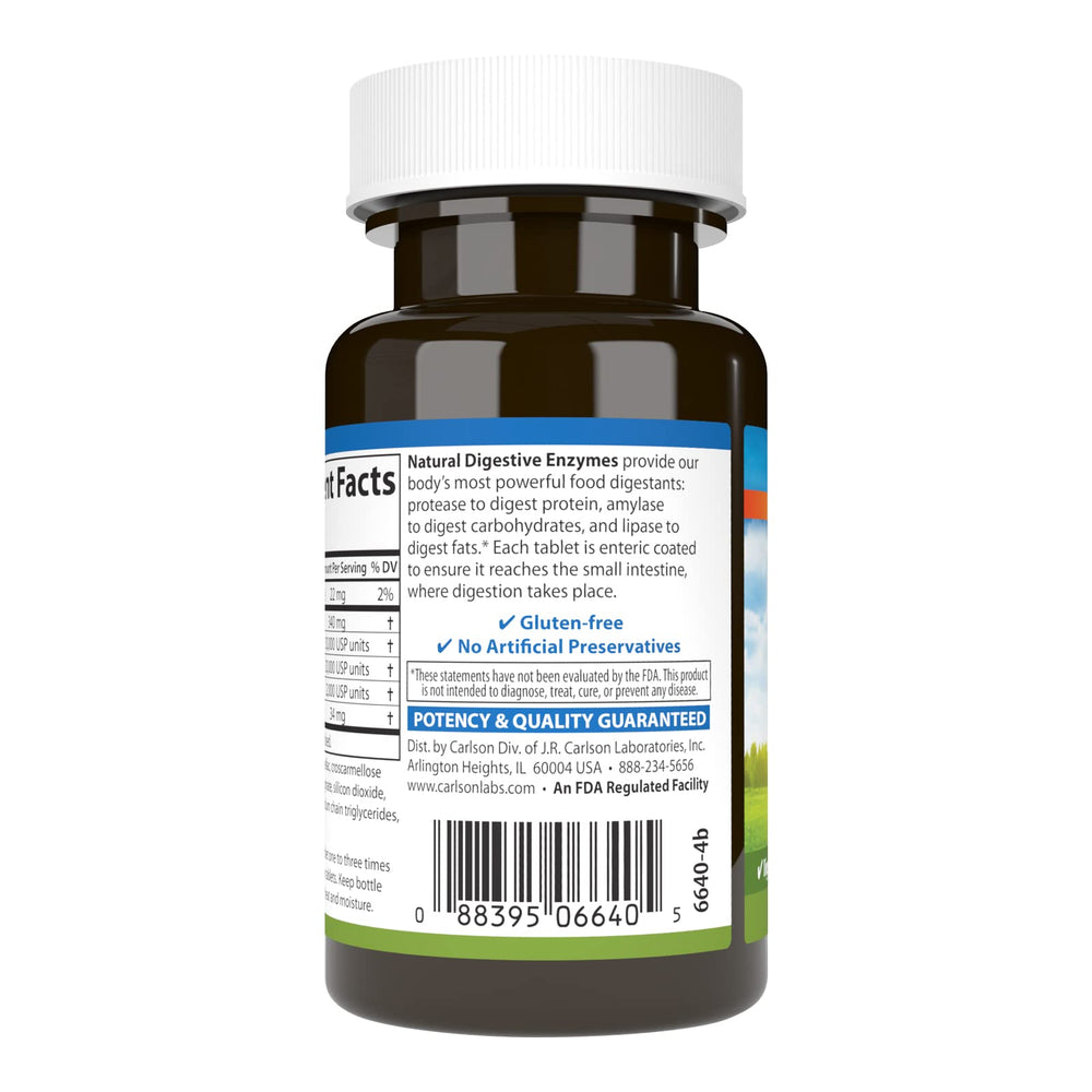 Carlson Digestive Enzymes 34 tablets close-up showing coated tablets for targeted digestion.