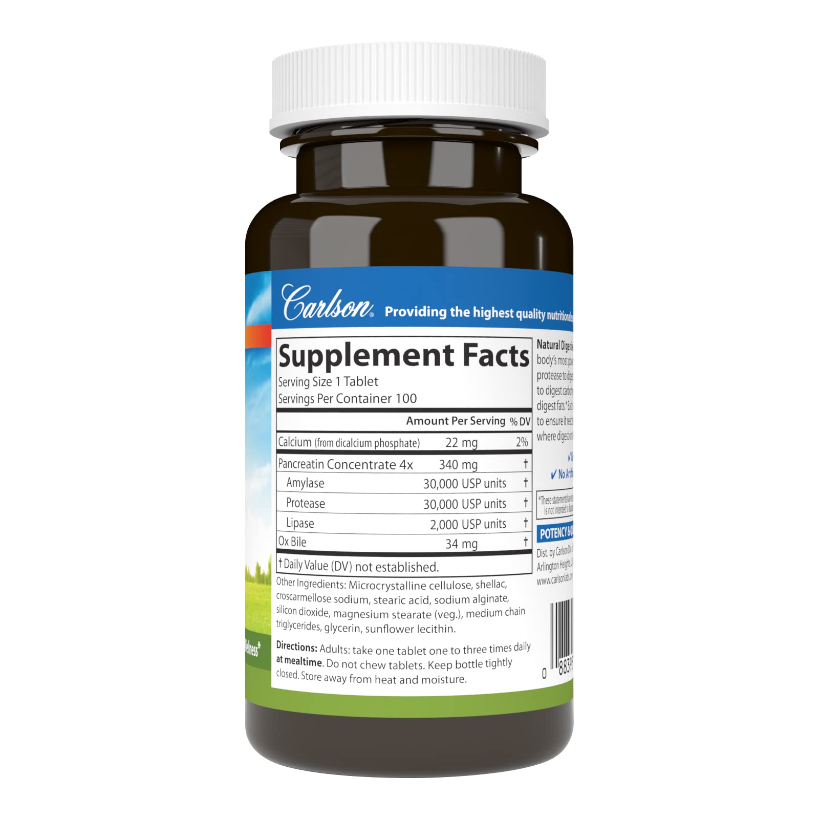 Carlson Digestive Enzymes bottle pour demonstrates convenient use for meals.