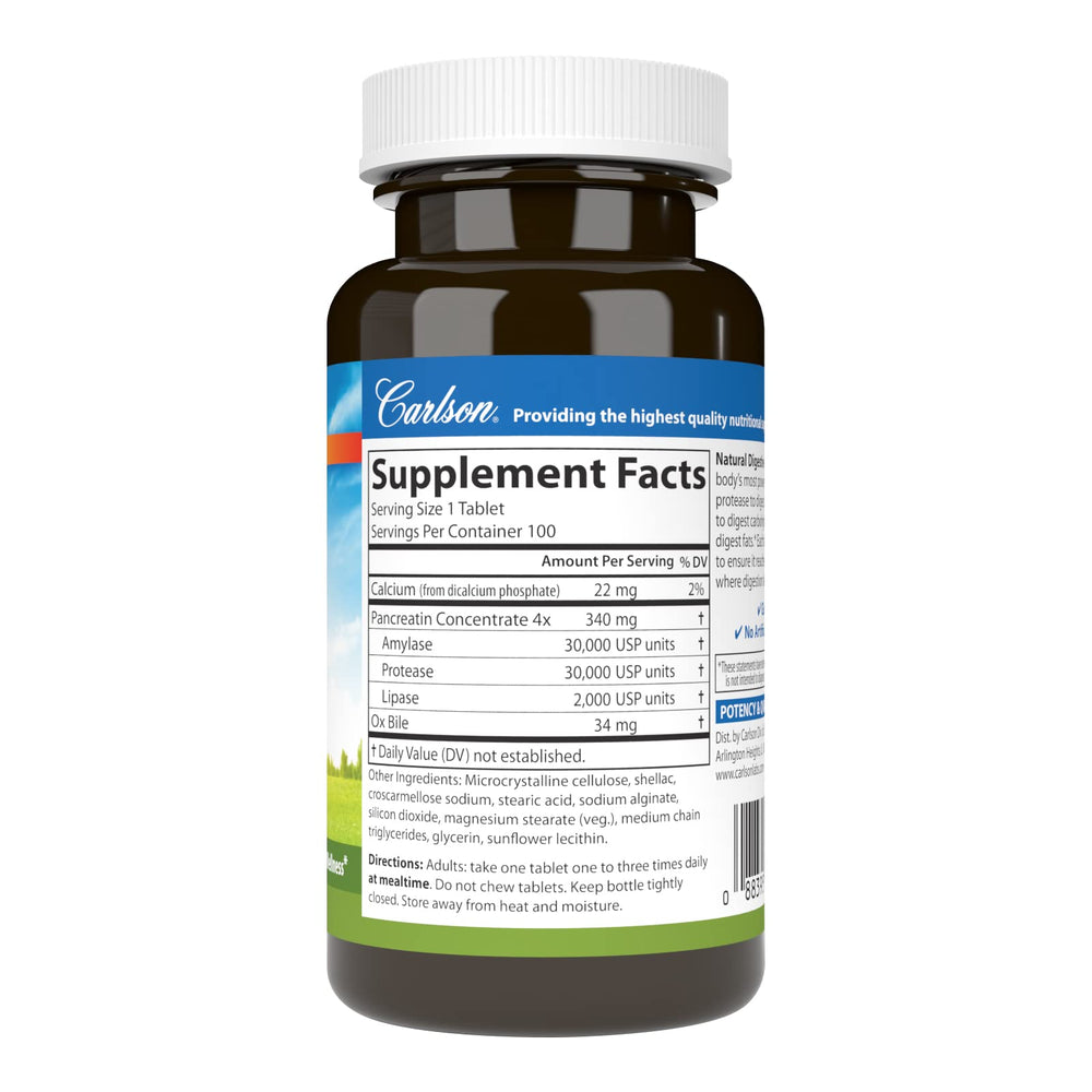 Carlson Digestive Enzymes bottle pour demonstrates convenient use for meals.