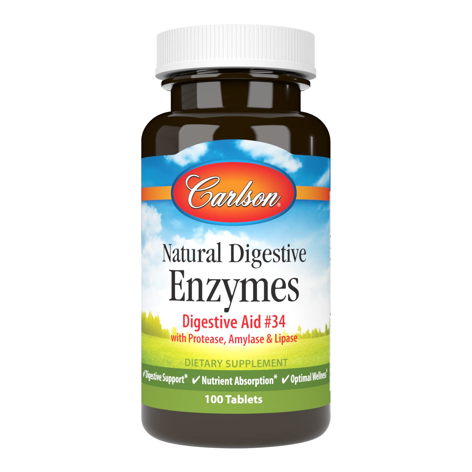 Carlson Digestive Enzymes bottle front view supports nutrient absorption.