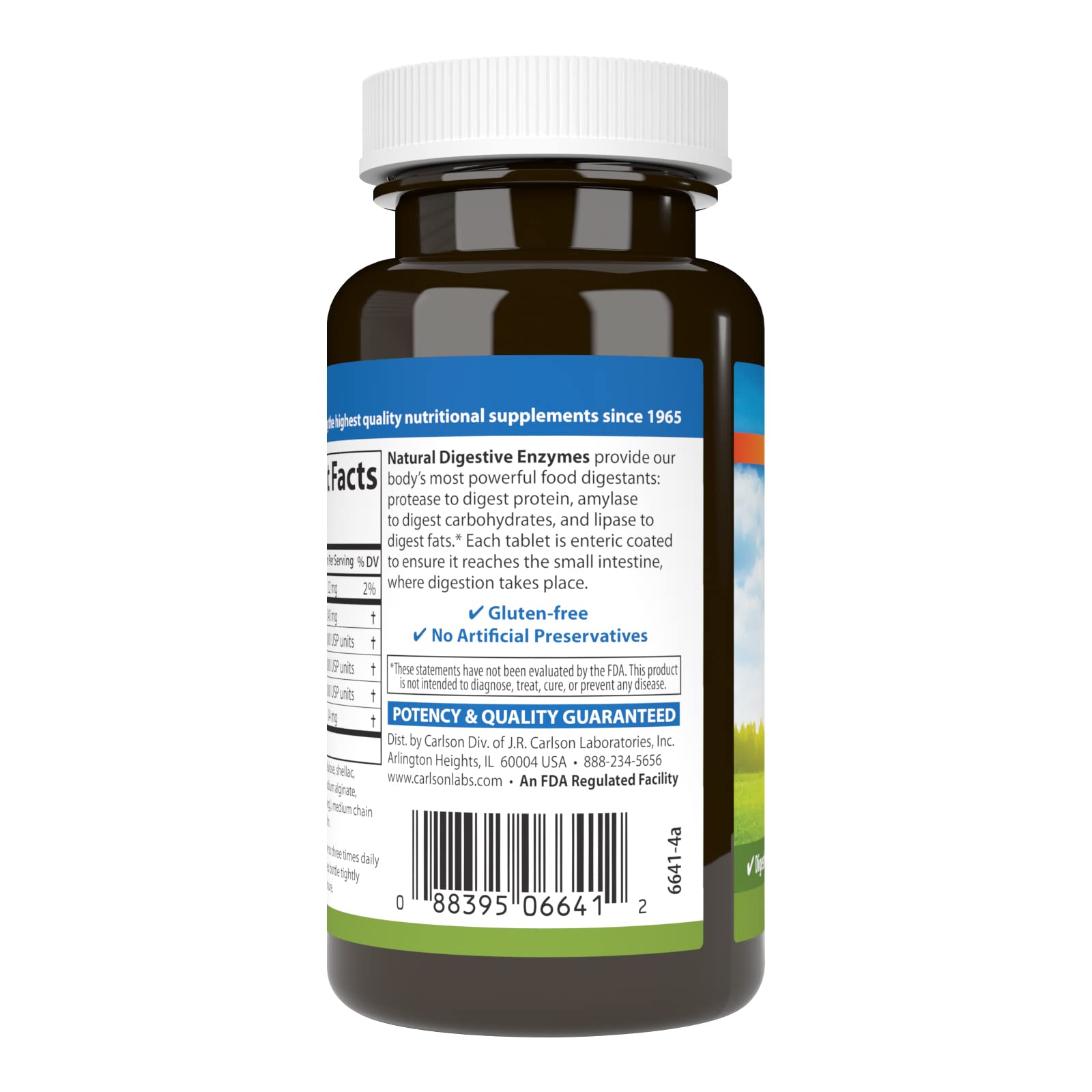 Carlson label highlights protease, amylase, and lipase for digestion.