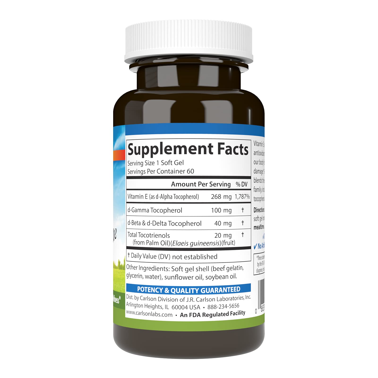 Carlson E-Gems Elite bottle back with supplement facts and eight tocopherols blend.