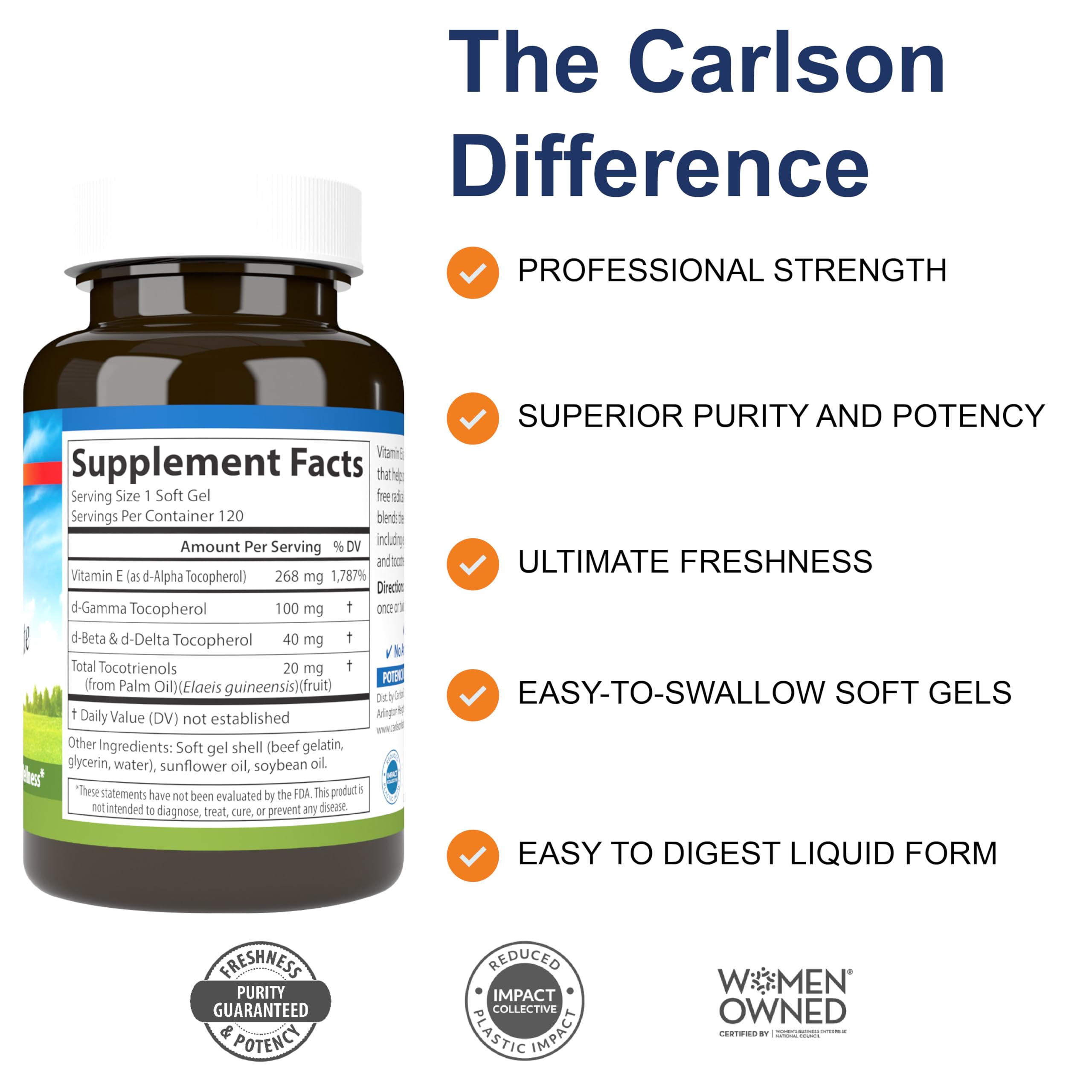Carlson E-Gems Elite bottle back with nutrition facts and usage guidance