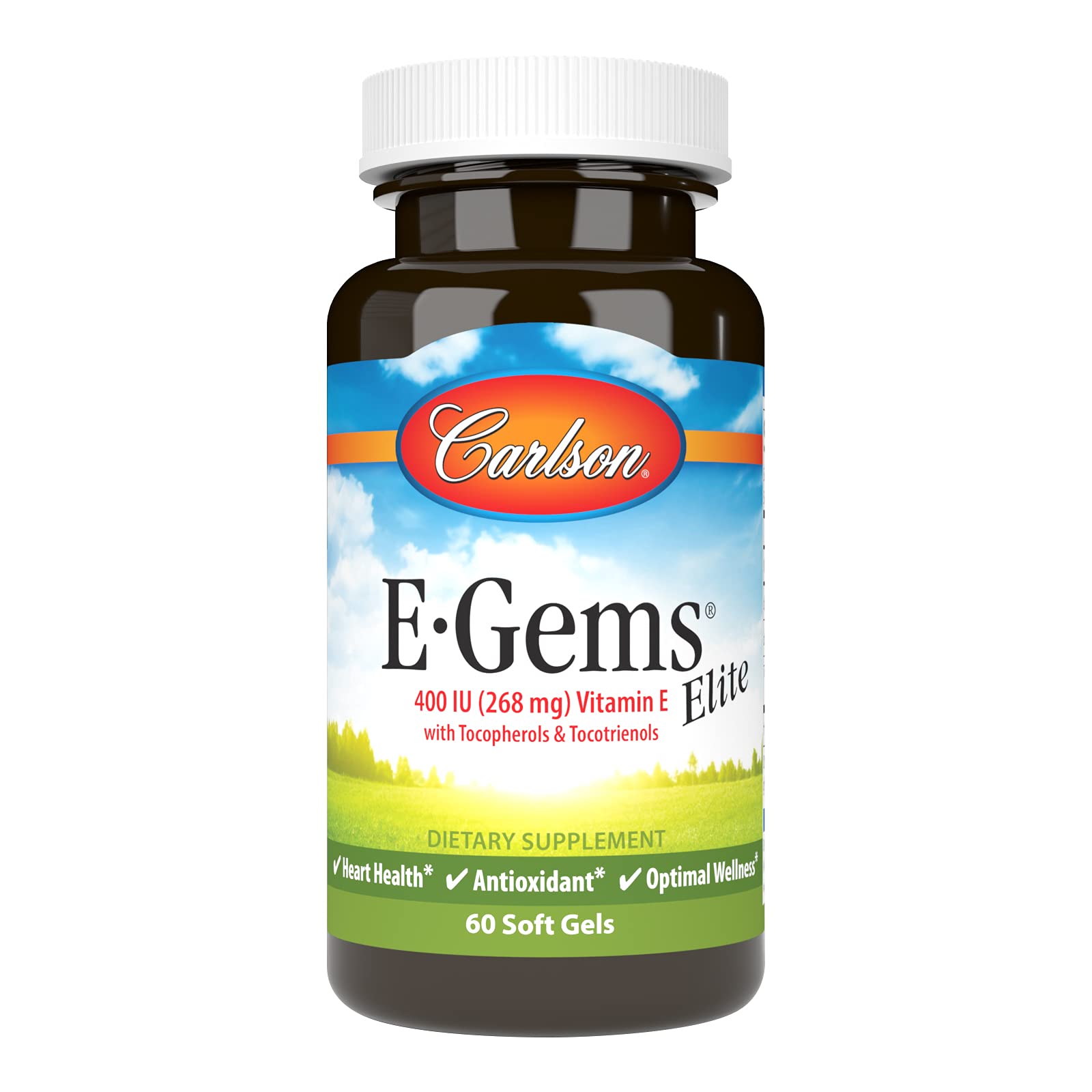 Carlson E-Gems Elite bottle front showing 60 soft gels for antioxidant support.