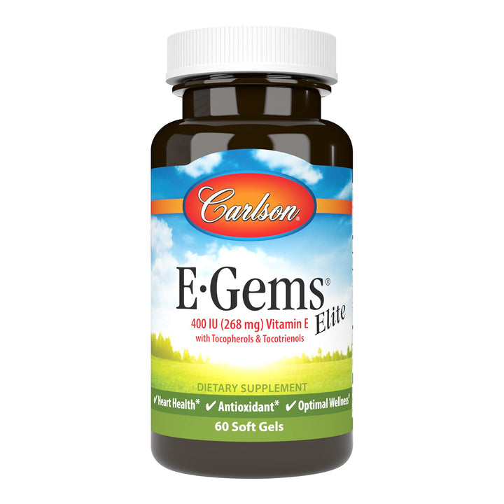 Carlson E-Gems Elite bottle front showing 60 soft gels for antioxidant support.