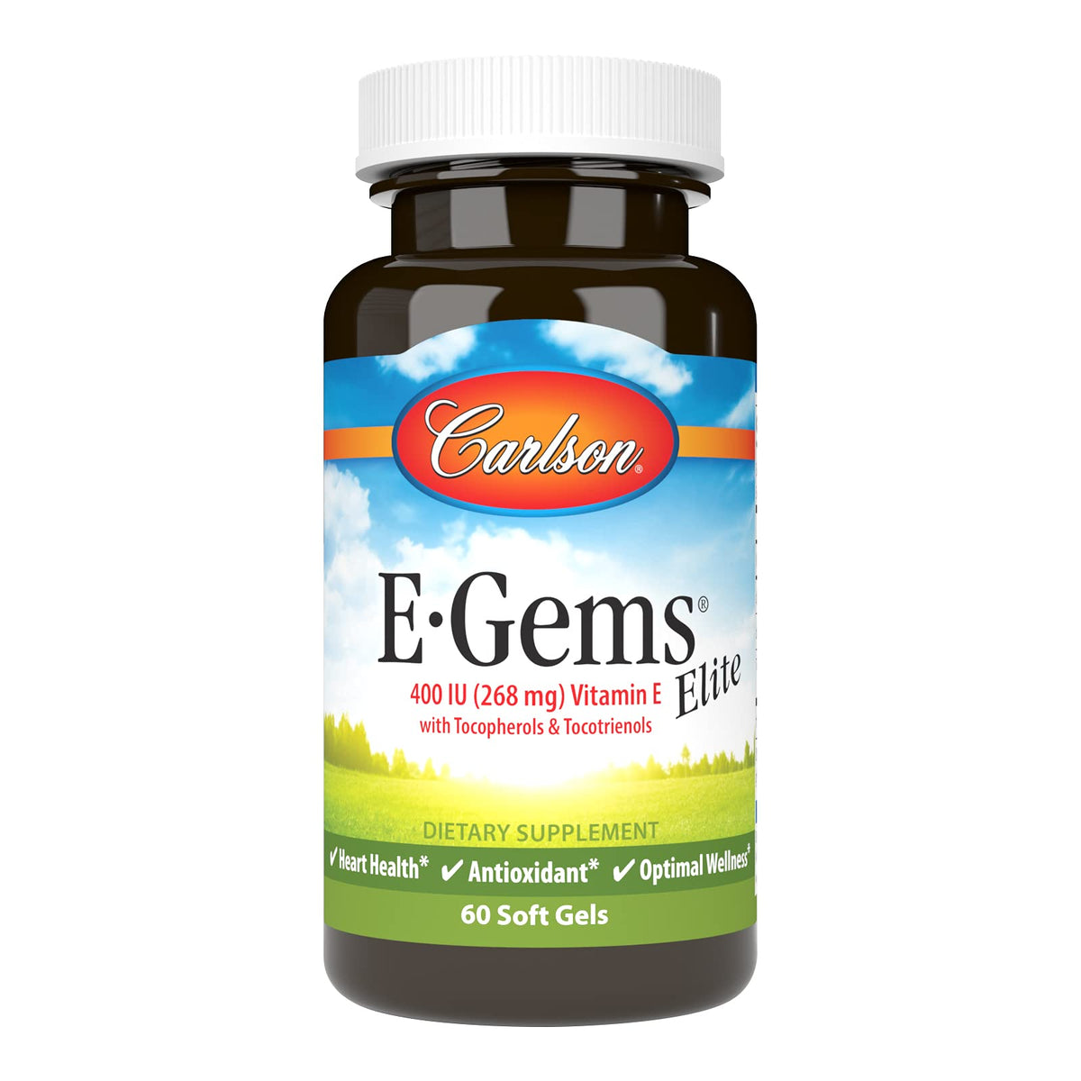 Carlson E-Gems Elite bottle front showing 60 soft gels for antioxidant support.