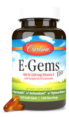 Carlson E-Gems Elite bottle front showing vitamin E 400 IU for daily wellness