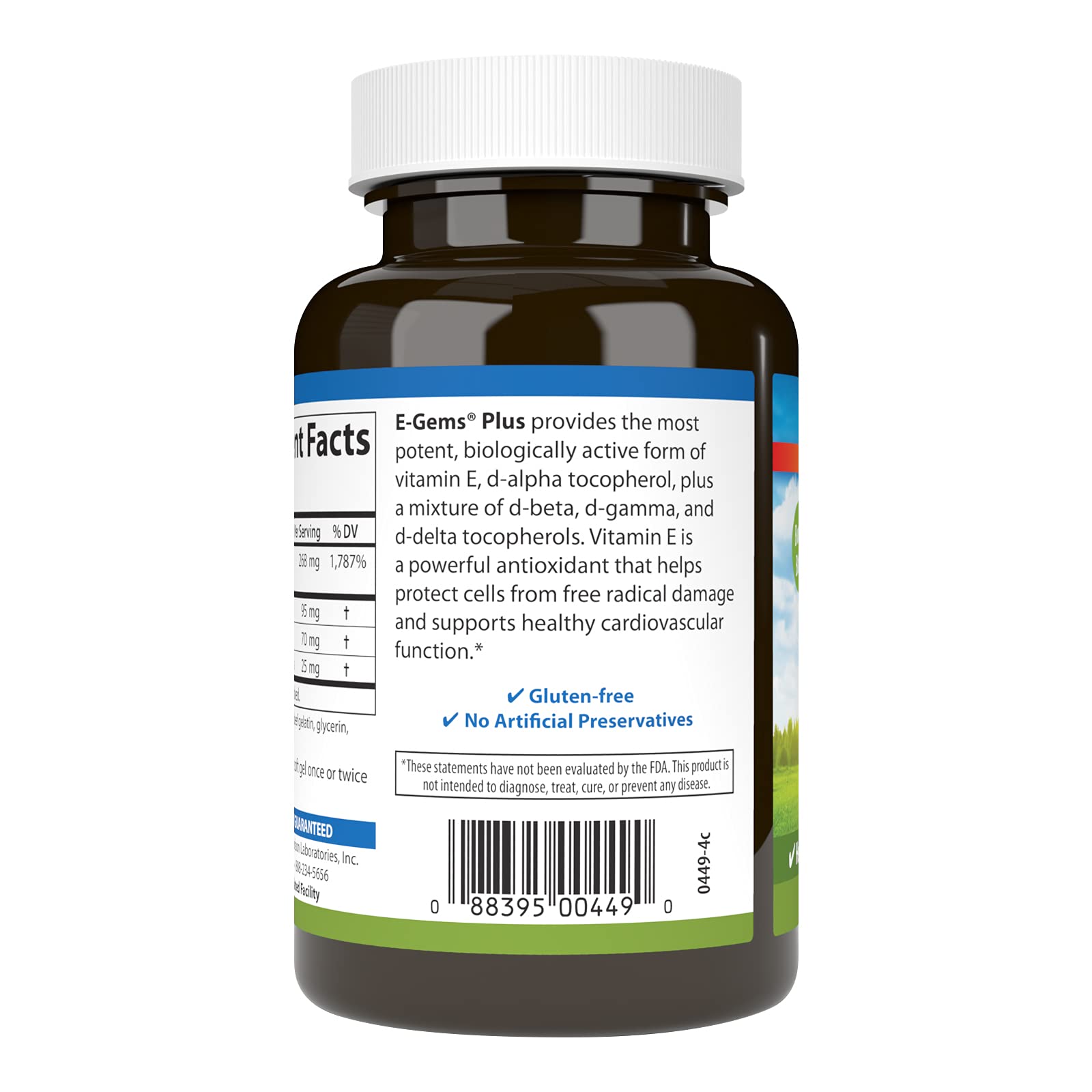 Label detail shows natural-source vitamin E and potency information.