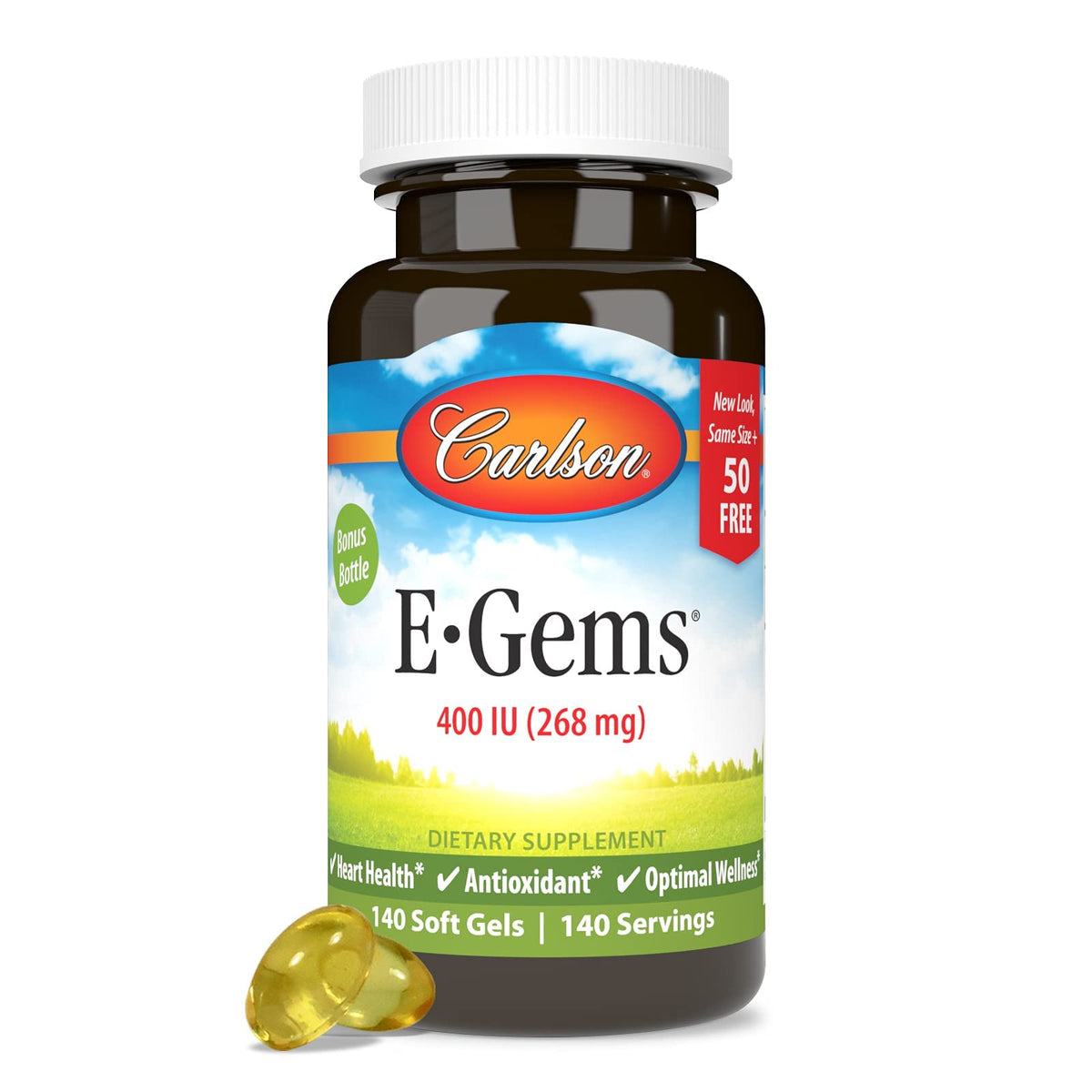 Carlson E-Gems 400 IU soft gels bottle for daily wellness support.