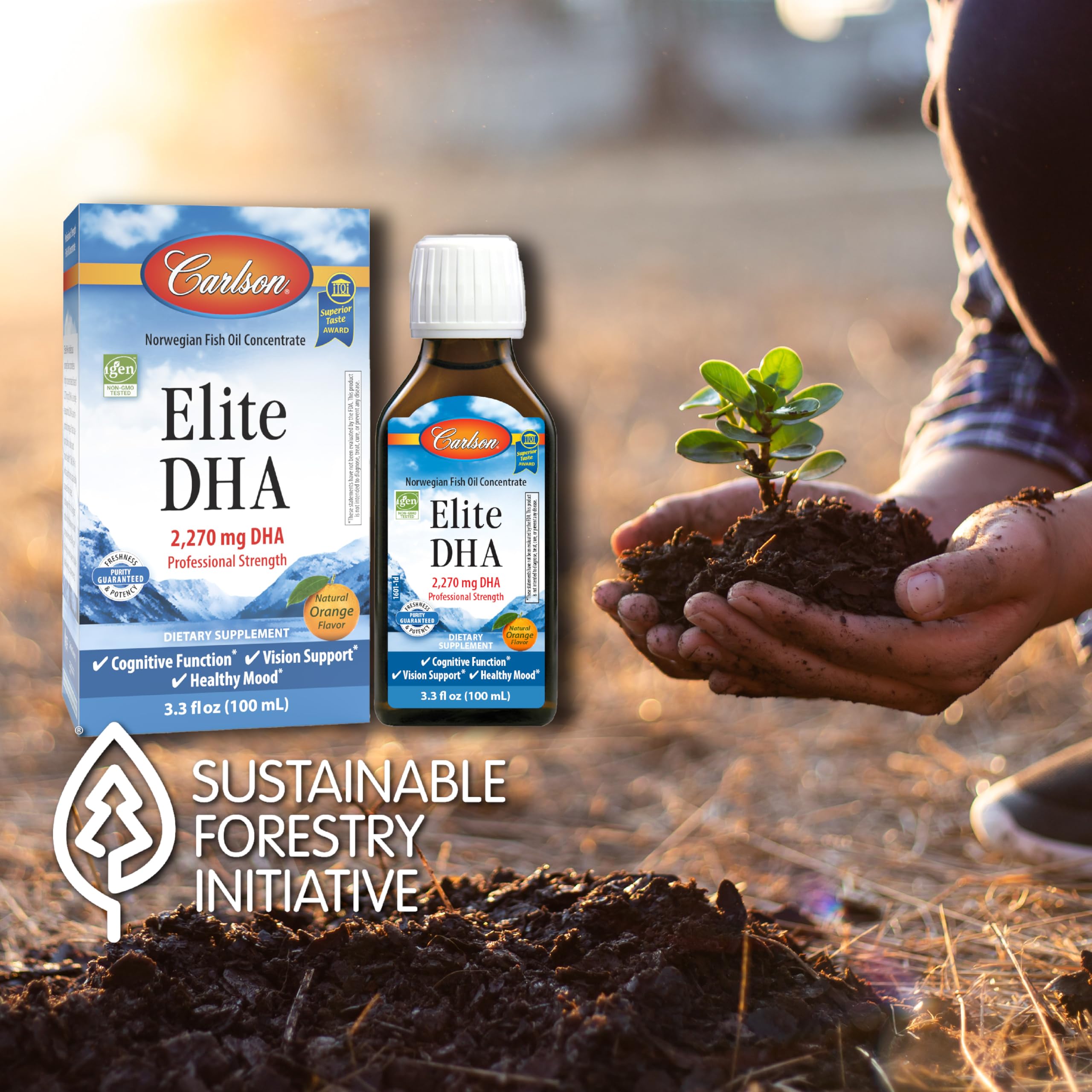 Carlson Elite DHA IFOS and IGEN certified label highlights safety and non-GMO promise.