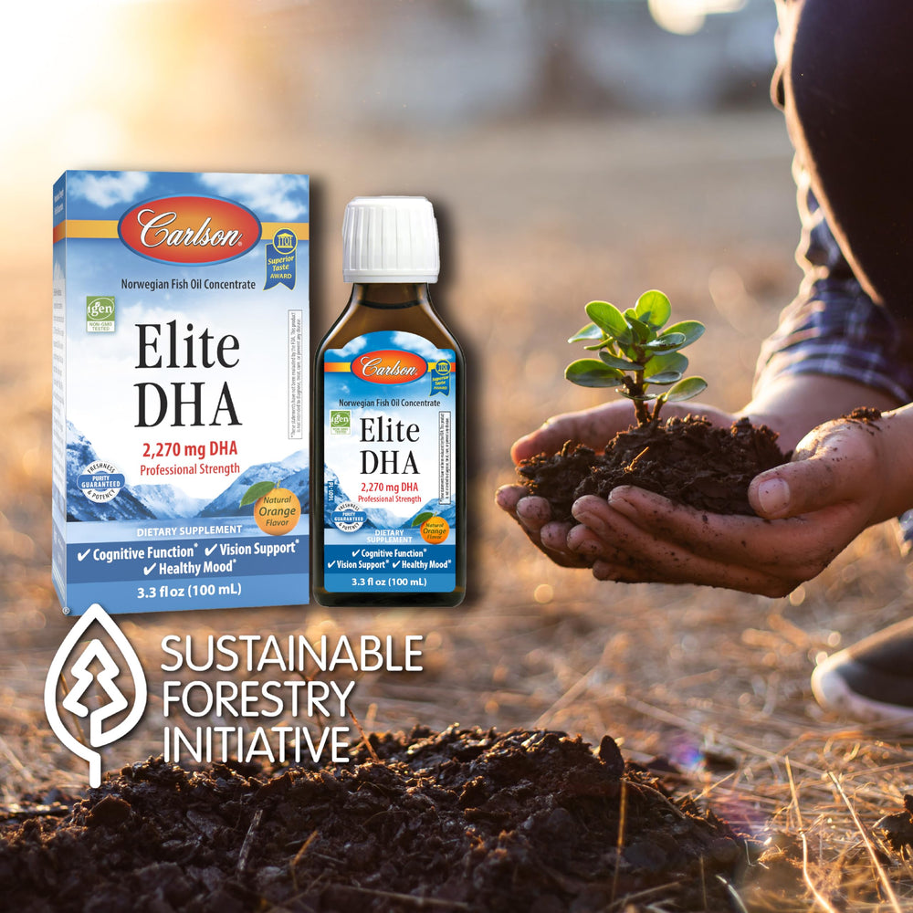 Carlson Elite DHA IFOS and IGEN certified label highlights safety and non-GMO promise.
