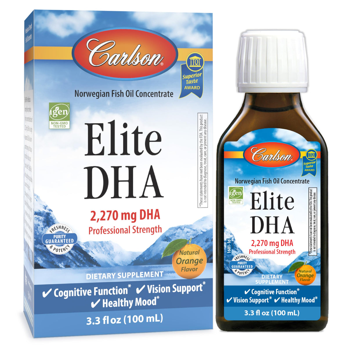 Carlson Elite DHA orange bottle with pour spout, emphasizing easy daily DHA intake.